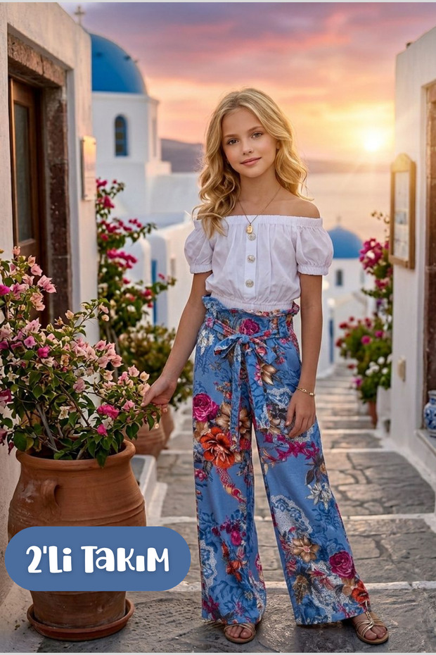 Girl's Buttoned Detailed White Blouse Floral Patterned Wide Leg Trousers 2-Piece Set