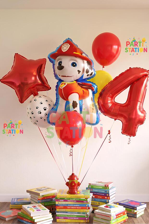 Paw Petrol Pav Petrol Fire Department Dog Marshall 4 Year Old Balloon Concept Birthday Set Age Balloon Set