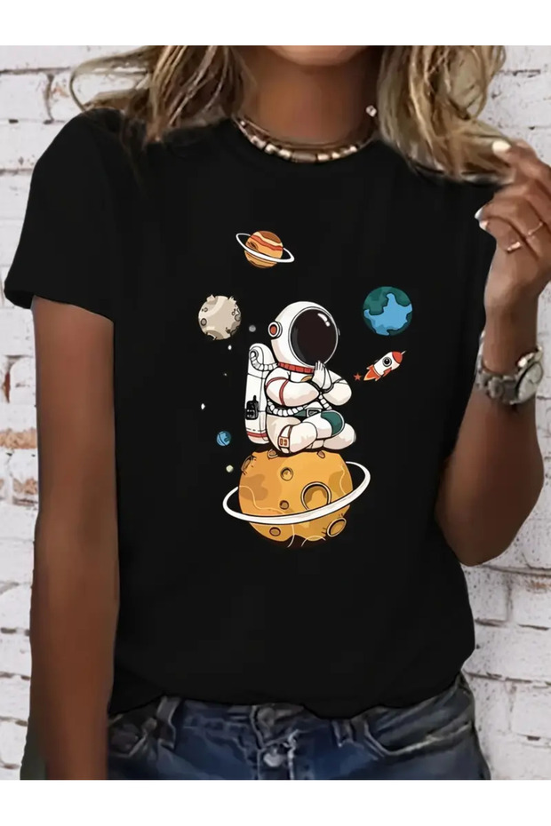 Unisex Astronaut Printed Crew Neck Oversize T-Shirt