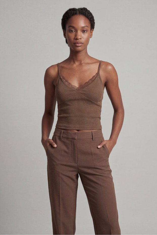 Brown Women's Strappy Lace Detailed Crop Athlete Stylish V-Neck Blouse
