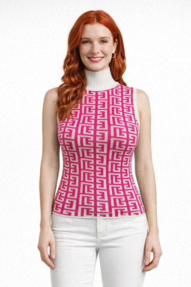 Geometric Patterned Half Fisherman Sleeveless Knitwear Sweater