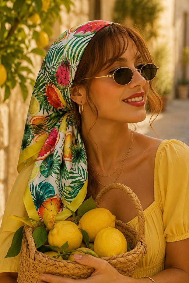 وشاح باندانا ناعم بنمط الفواكه الاستوائية باللونين الأصفر والأخضر مقاس 50x50 سم