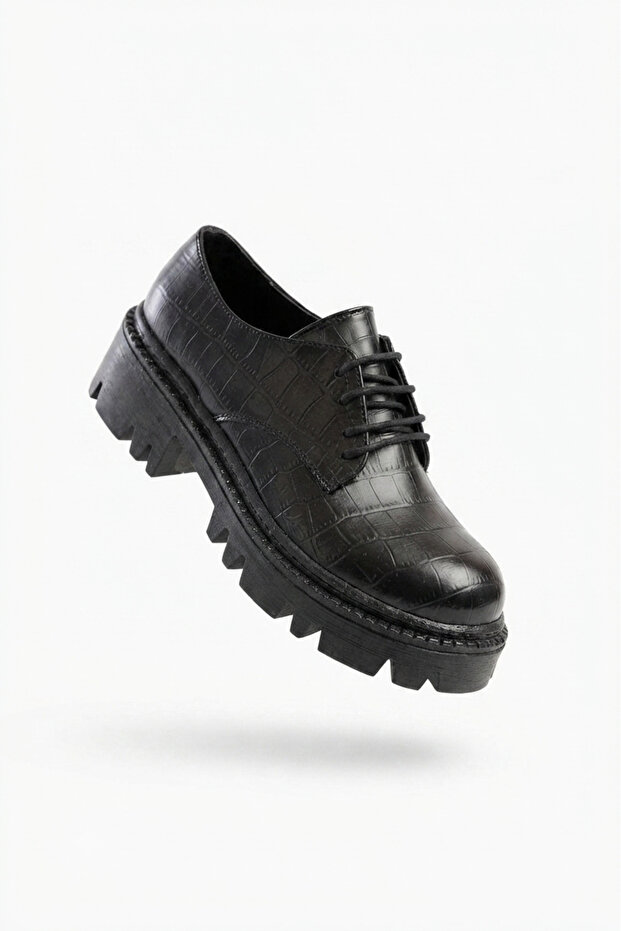 Zri̇n-754 Premium Black Crocodile Lace-Up Orthopedic High-Sole Loafer