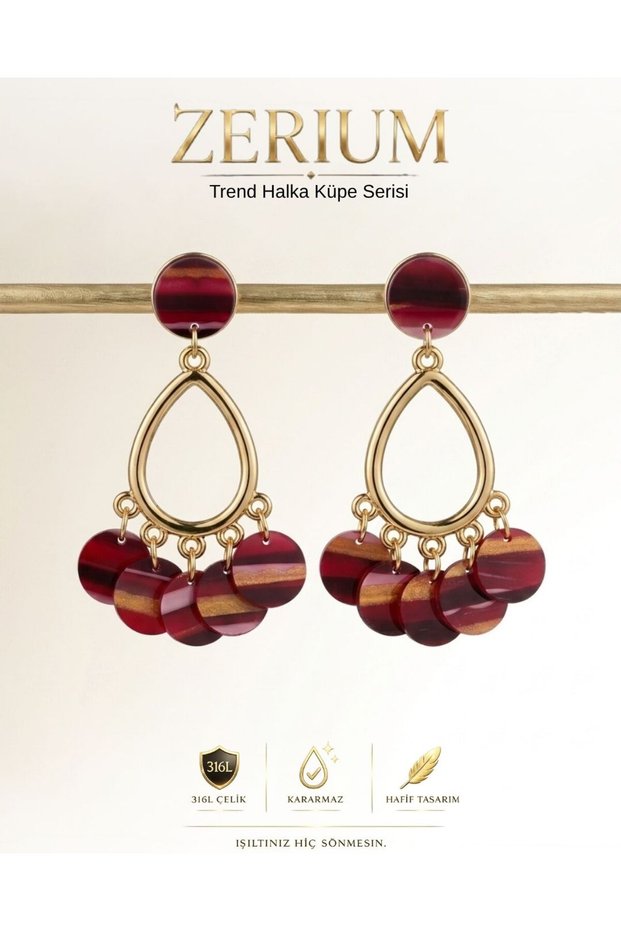 Hanging Steel Women's Earrings Colorful Acrylic Sequin Chandelier Model Burgundy Brown