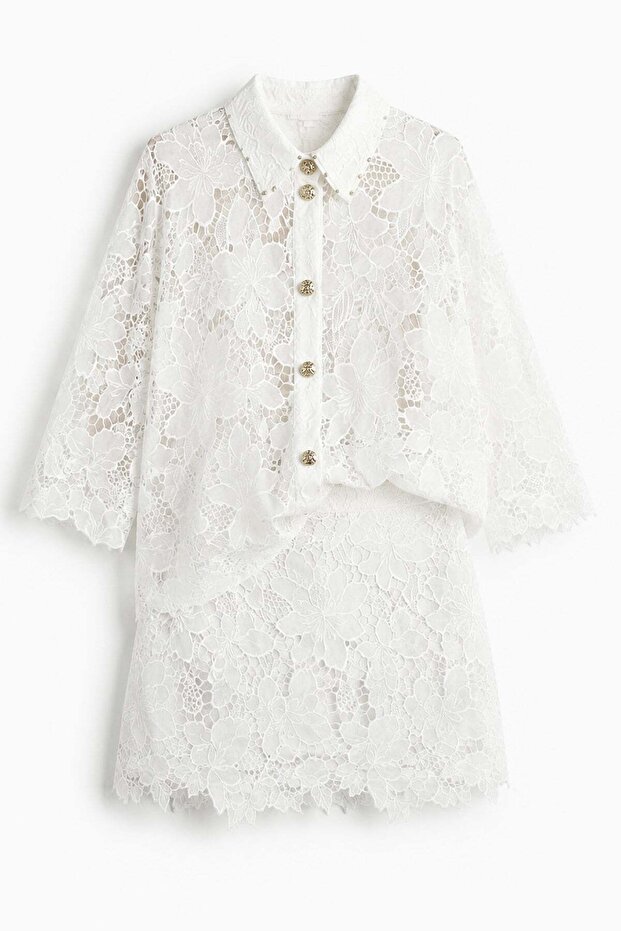 White Suit with Gold Beaded Collar and Embroidered Skirt