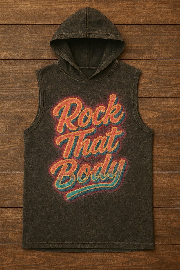 Black Men's Hooded Trainning Sportsman Tank Top Oversize Washed Rockthatbody Printed Sleeveless T-Shirt