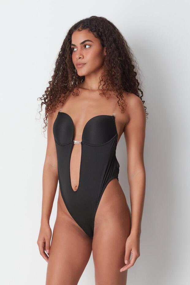 Black Covered Low-cut Bodysuit 7148 - With Snaps