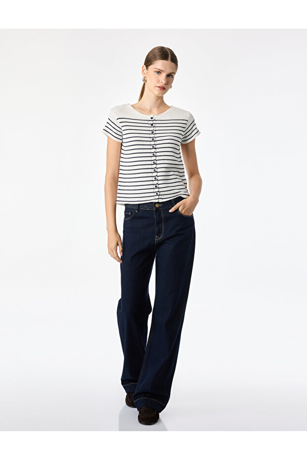 Short Sleeve Crew Neck Button Detailed Striped Knit Sweater