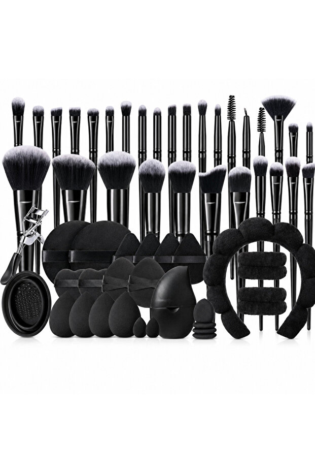56Pcs Makeup Tool Set with Brushes, Sponges, Puffs, Headband, Eyelash Curler, Black