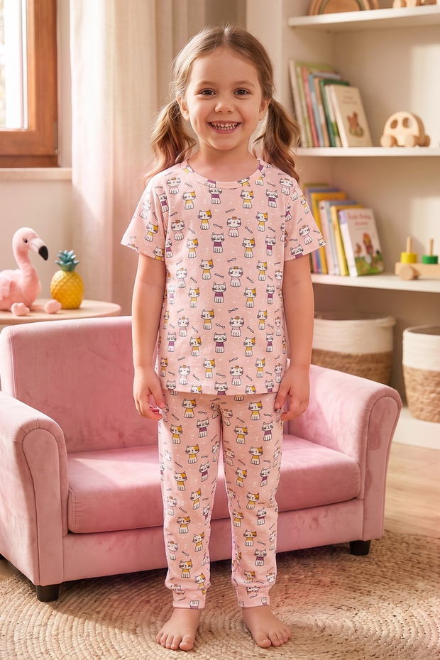 Girls' Cotton Pajama Set Short Sleeve Long Bottom Patterned Wide and Comfortable Cut (474003)