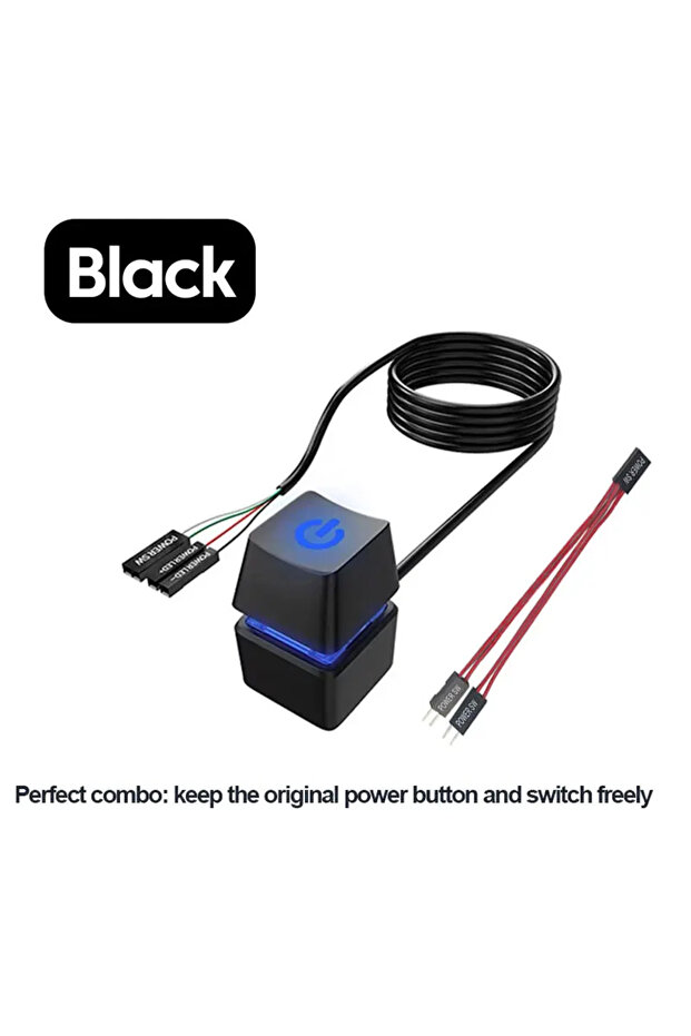 مفتاح تشغيل خارجي للكمبيوتر المكتبي طراز A أسود 2 في 1 بطول 1.8 متر مع أضواء LED زرقاء للوحة الأم
