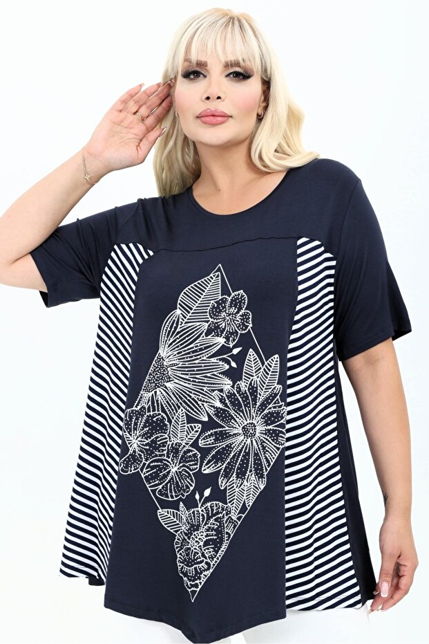 Asymmetrical Cut Print and Stone Detailed Line Combination Crew Neck Short Sleeve Plus Size Tunic