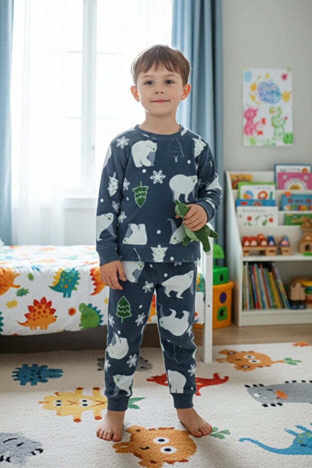 Polar Bear Patterned Fleece Unisex Children's Pajama Set