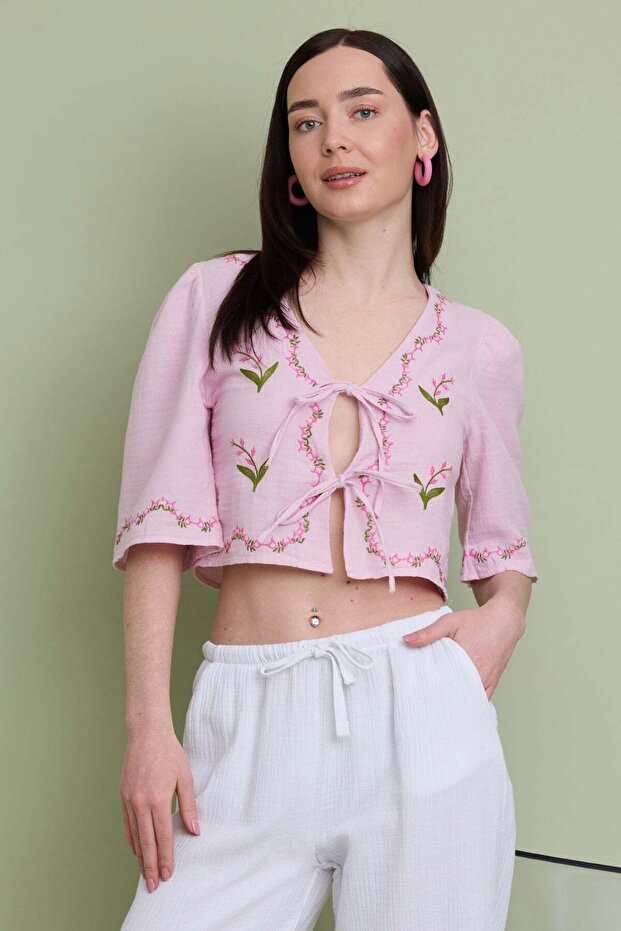 Front-Tie Floral Embroidered Muslin Fabric Blouse