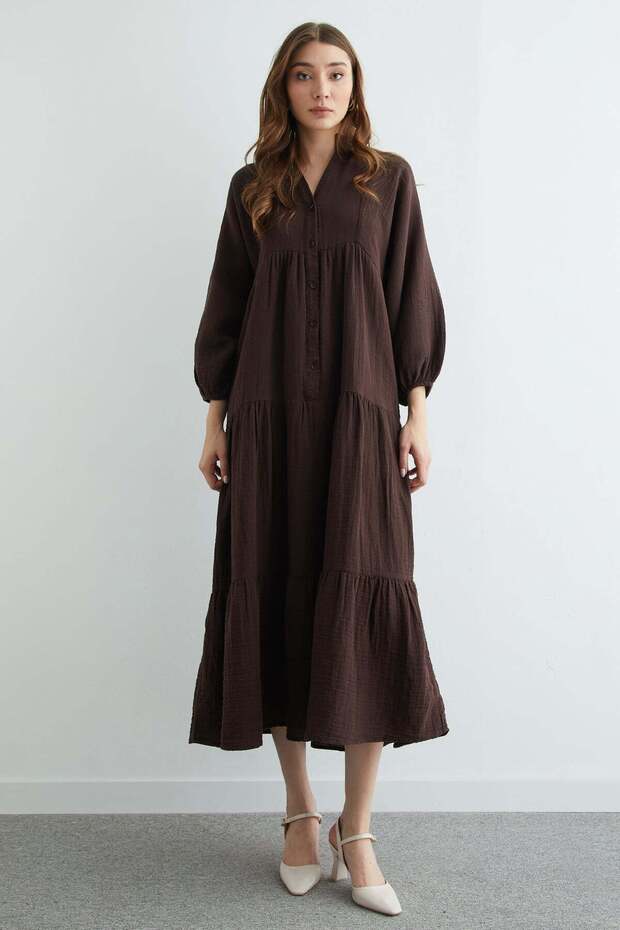 Fullamodest Half Buttoned High Collar Muslin Dress