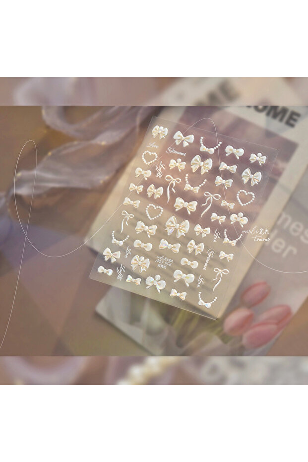 1Pcs Shell Light Nail Stickers Small Fresh White Bow Ribbon Nail Charms Stickers Self Adhesive Nails