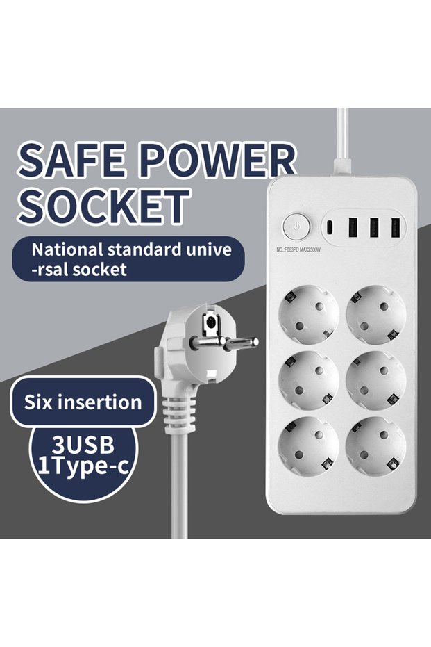 EU Plug 6AC-2M length 10IN1 EU Plug Power Strip With 6AC 3AC Outlets 3 USB 1 Type-C Ports 1.8-4.8m C