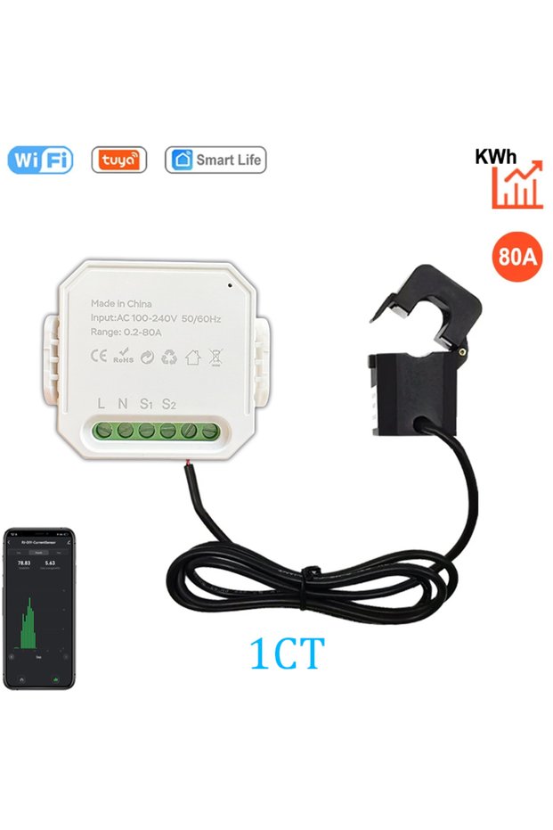 1CT-1PCS WIFI Smart Energy Meter AC100-240V 1CT Clamp Tuya App Control 80A Power Monitor Electricity