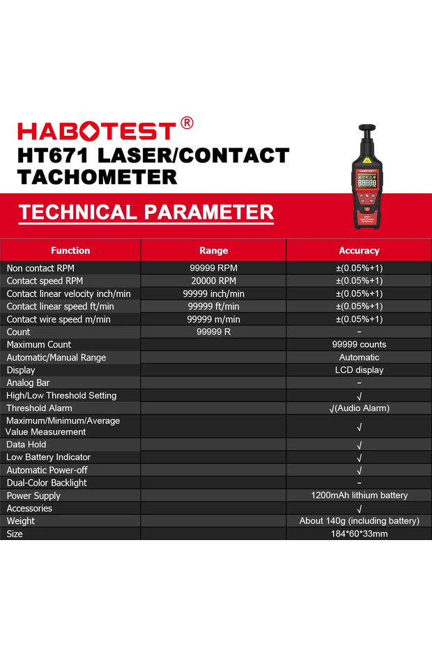 HT671 rechargable HABOTEST HT670 Digital Laser Tachometer Non-Contact RPM Meter 2.5-99999RPM with LC