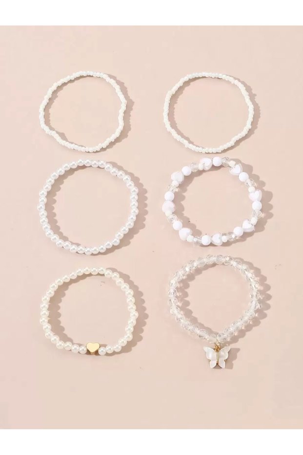 Light Yellow Gold Co 6pcs/Set Girls' Pearl & Seed Bead Heart & Butterfly Beaded Bracelet, Decorative