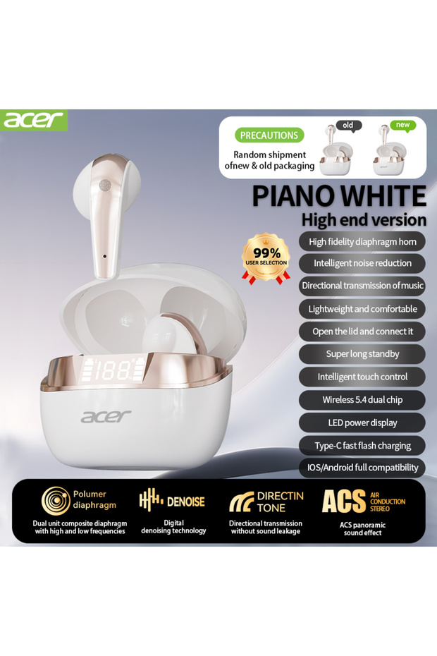 WHITE [Official Acer Product] Ohr554 New Wireless Bluetooth Headphones In-Ear Design Comfortable for