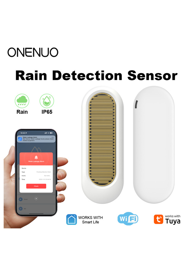 مستشعر المطر واي فاي أبيض اللون من ONENUO، يعمل بتقنية واي فاي أو زيجبي، مقاوم للماء IP65 للاستخدام الخارجي، للكشف عن تسرب المياه