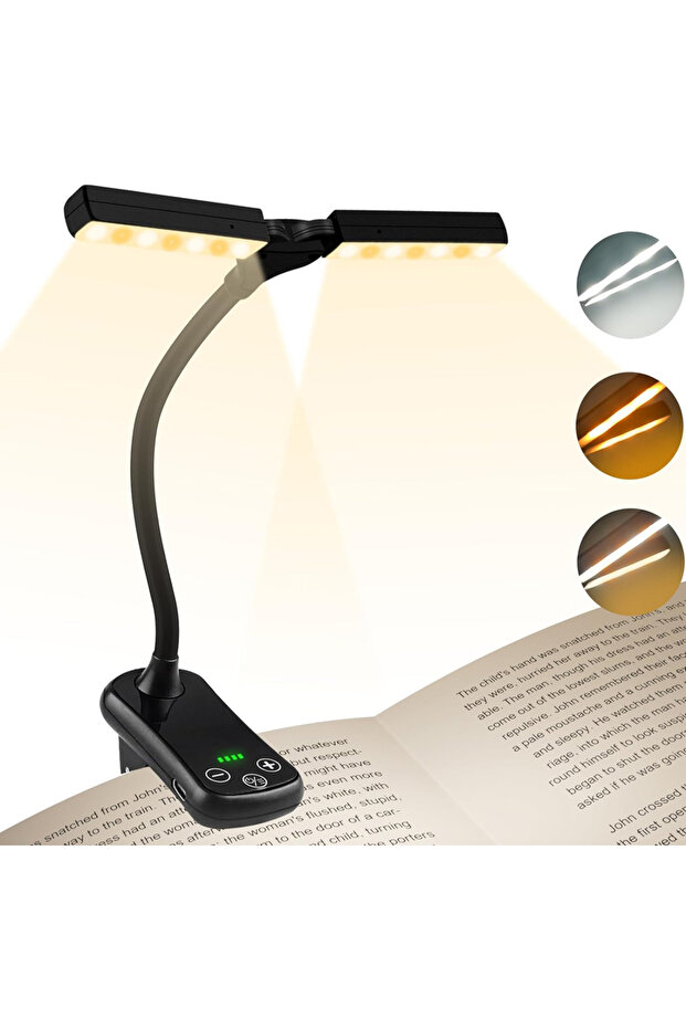 black Dual Heads New 3 Colors 8 Brightness 14 LED Clip On Book Light Usb Rechargeable Night Light Po