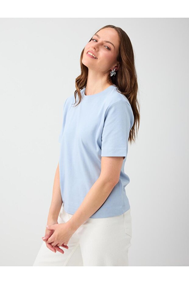Light Blue 100% Cotton Short Sleeve Basic Knitted T-Shirt