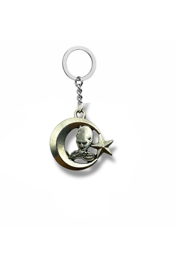 Metal Keychain with Moon Star and Atatürk Silhouette Figure – Silver Color Unisex Accessory