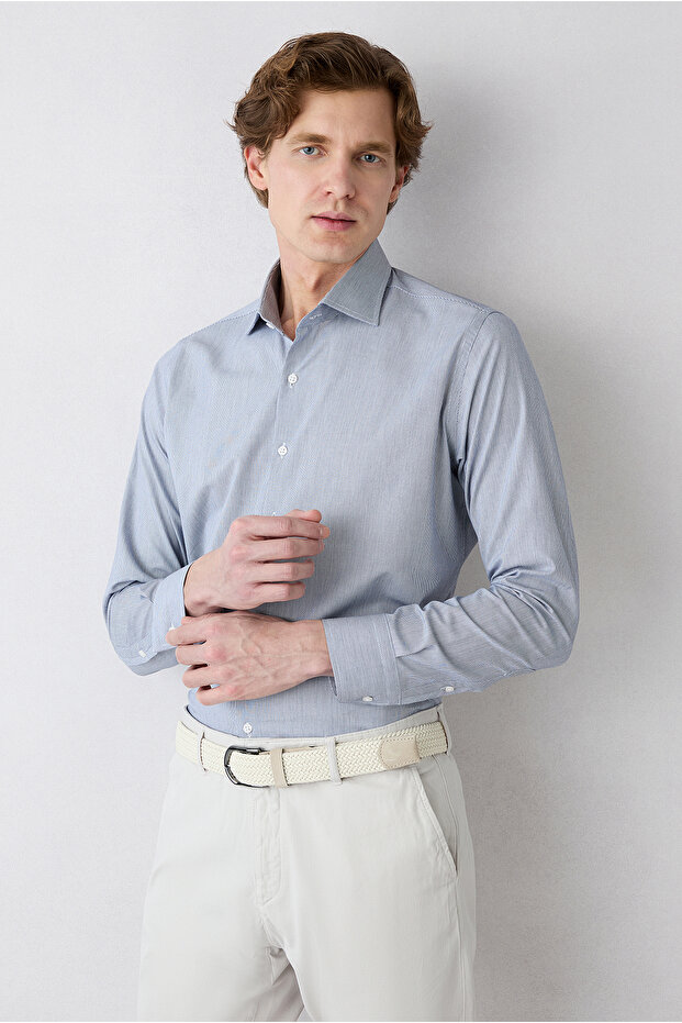 Long Sleeve Classic Italian Collar Striped Slim Fit Breathable Cotton Shirt