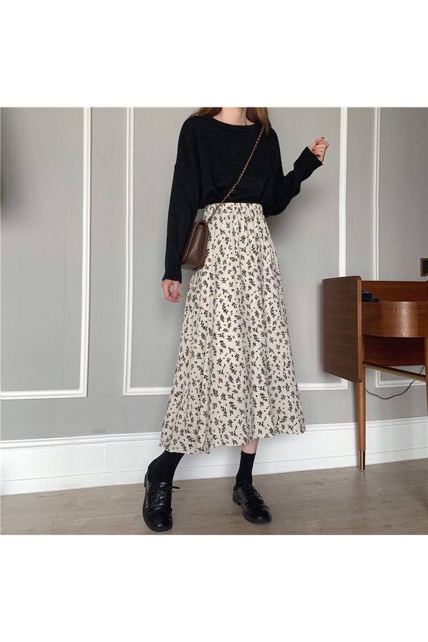 One Size White floral Vintage Floral Print A-line Pleated Long Skirts Summer Women 2024 Korean Skirt