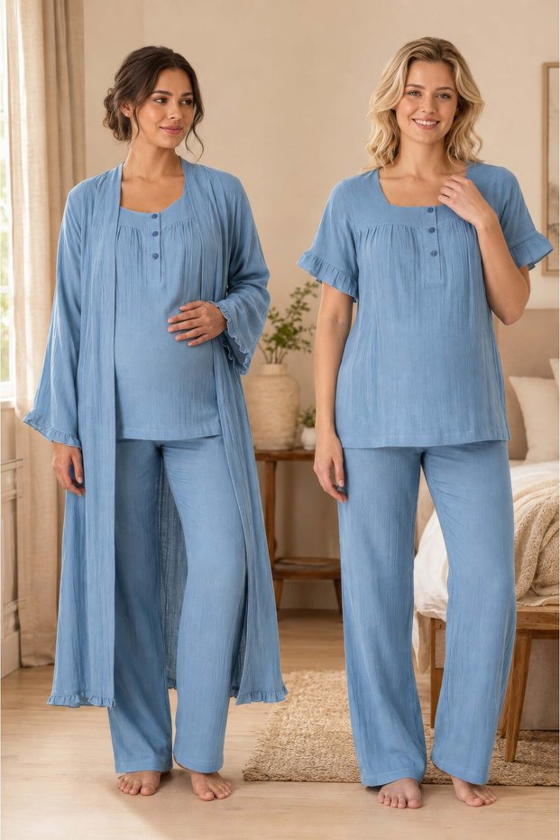 Muslin Fabric Pajama Set for Pregnant and Postpartum Women with Dressing Gown Effortt - Indigo