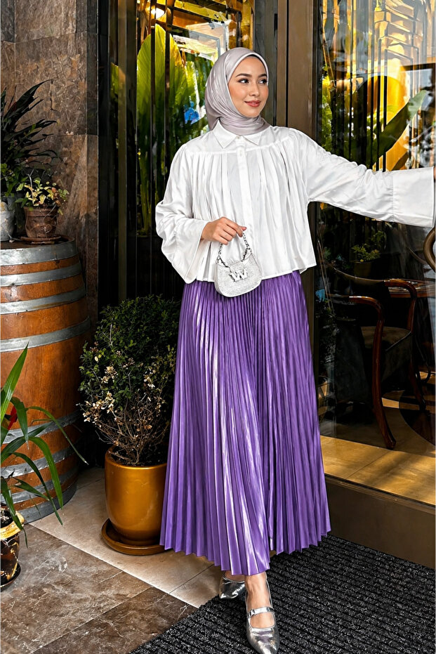 Women's Basic High Waist Pleated Loose Purple Long Skirt