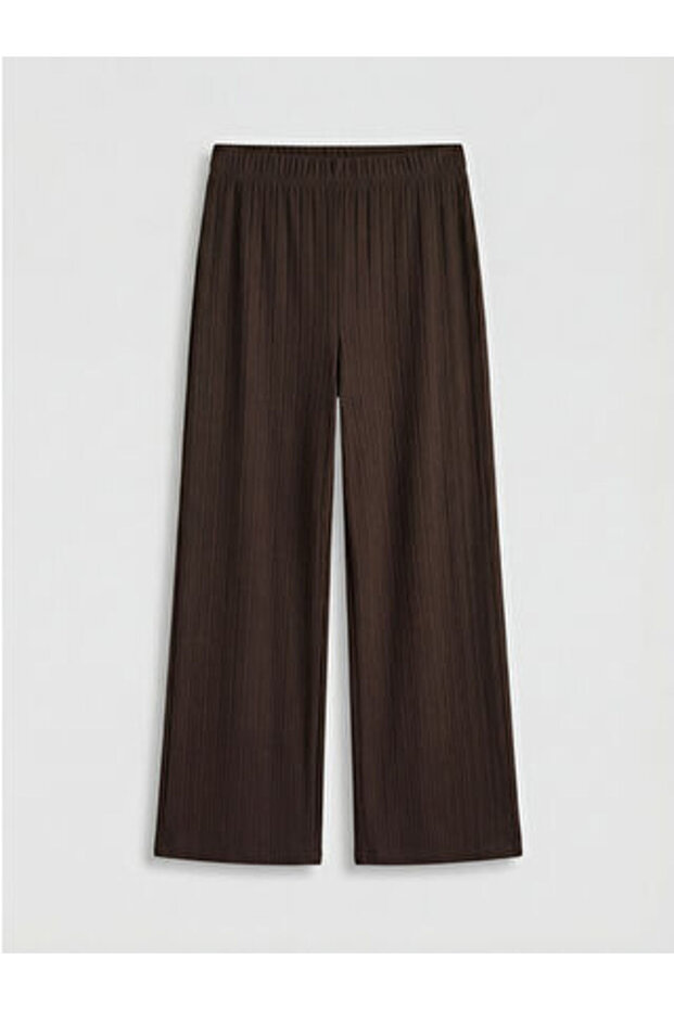Brown Textured Women's Trousers with Elastic Waist