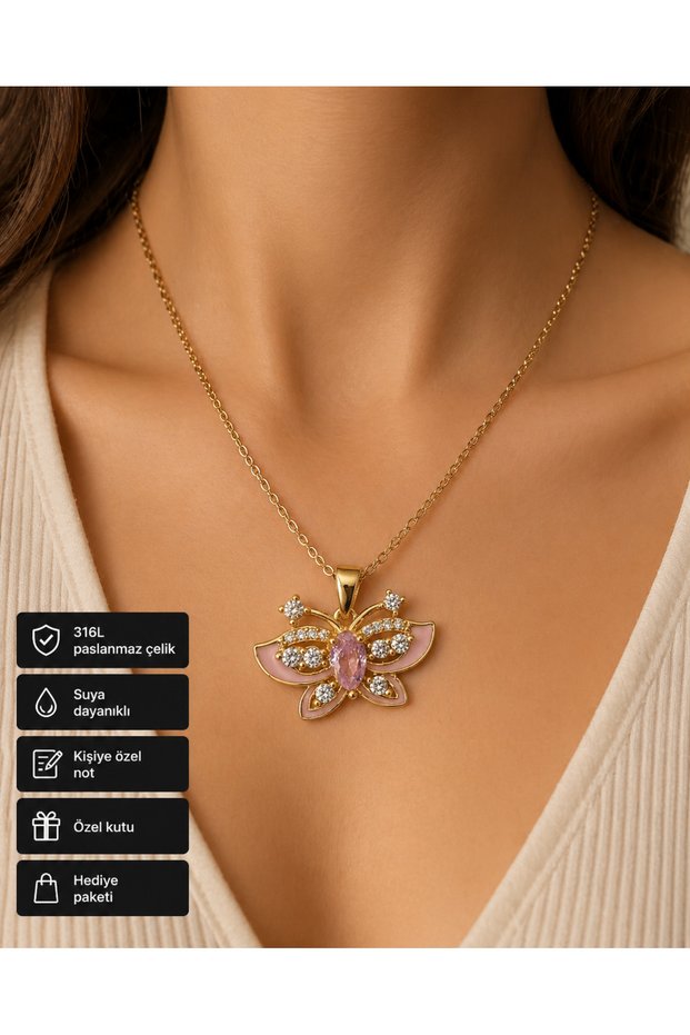 Butterfly Women's Necklace Gold Color Stainless Steel Pink Detailed Gift