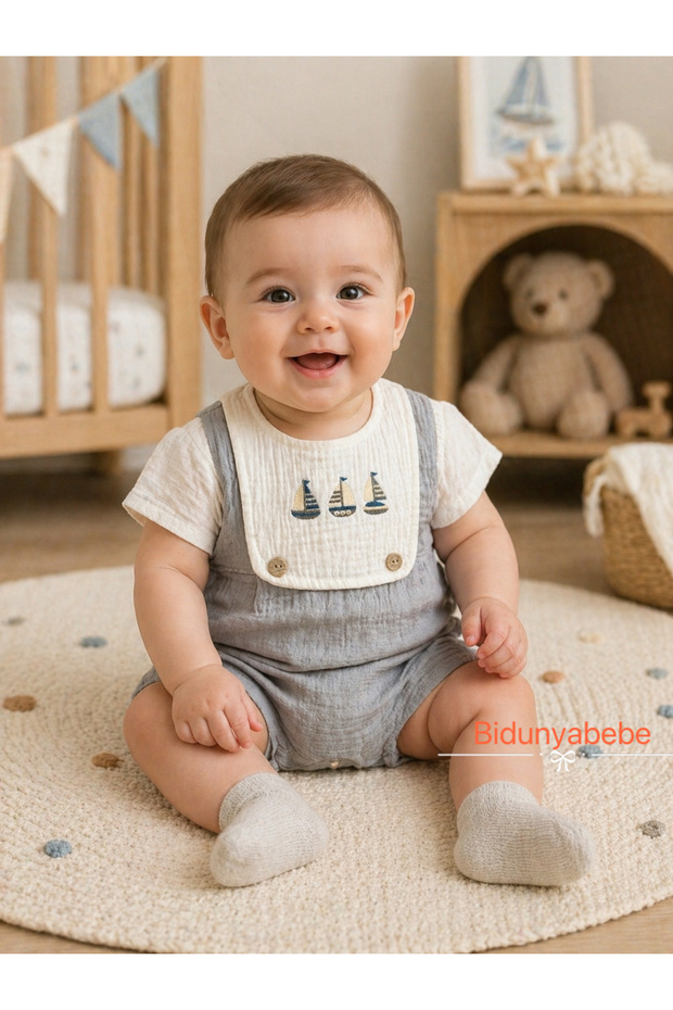 Muslin Baby Boy Sailboat Embroidered Summer Shorts Overalls-100% Cotton