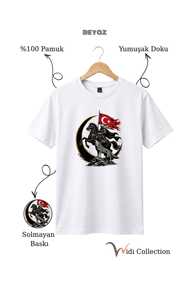 100% Cotton Regular Fit Unisex T-Shirt with Turkish Flag, Horse Warrior, Bozkurt and Wolf Figures