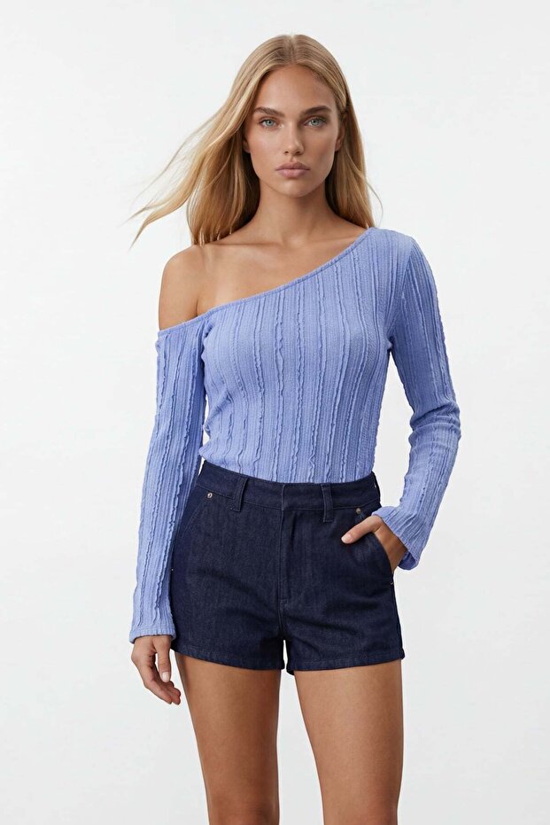 Baby Blue One-Shoulder Spanish Ruffle Fabric Blouse Alc-X15421