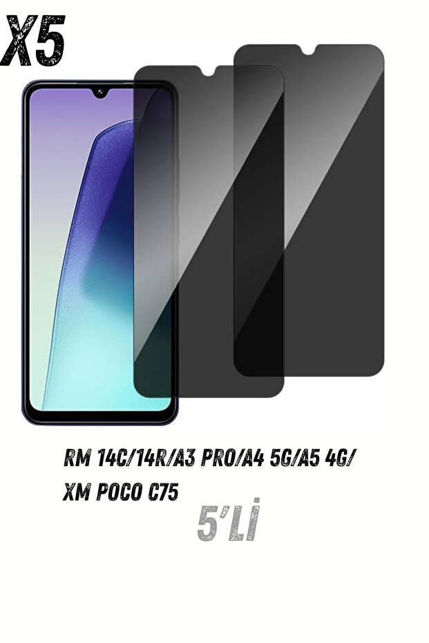 5 قطع من واقي الشاشة RM 14c/14R/A3pro/A4 5G/A5 4G/XM poco c75 Hayalet، زجاج غير قابل للكسر، خصوصية، غير مرئي من الجانب