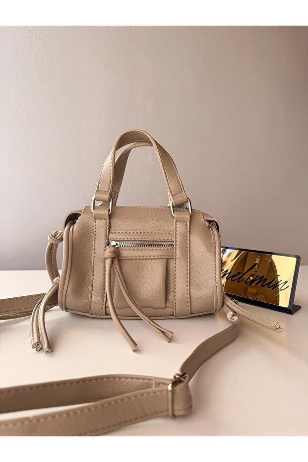 Women's Mink Leather Look Zippered Strap Hand and Shoulder Bag