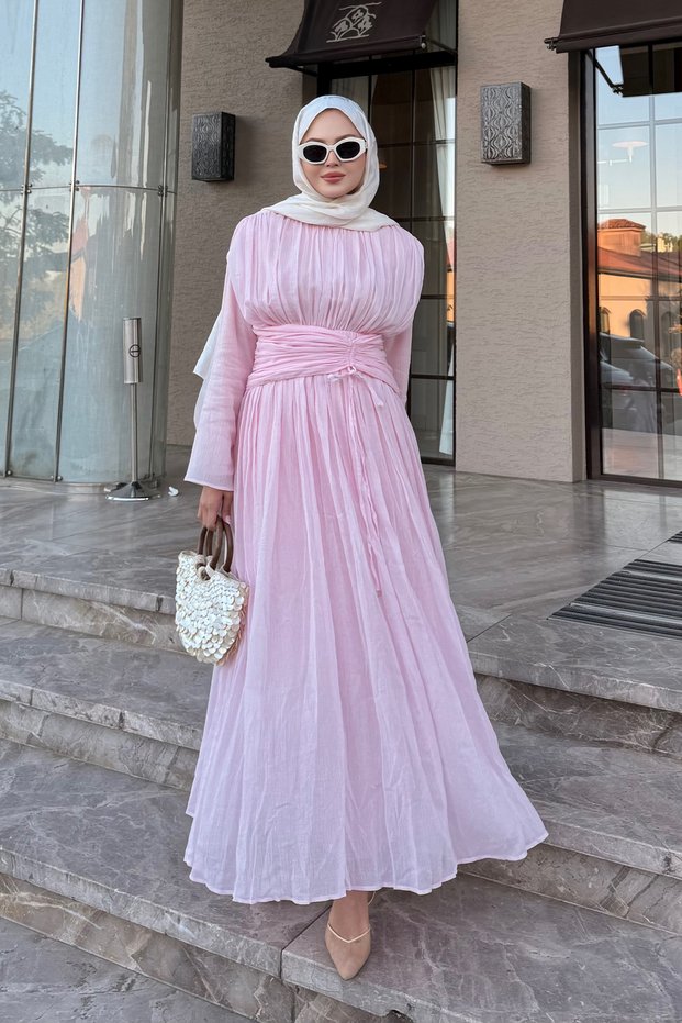 Women's Pleated Waist Belted Tulle Detail Dress Pink