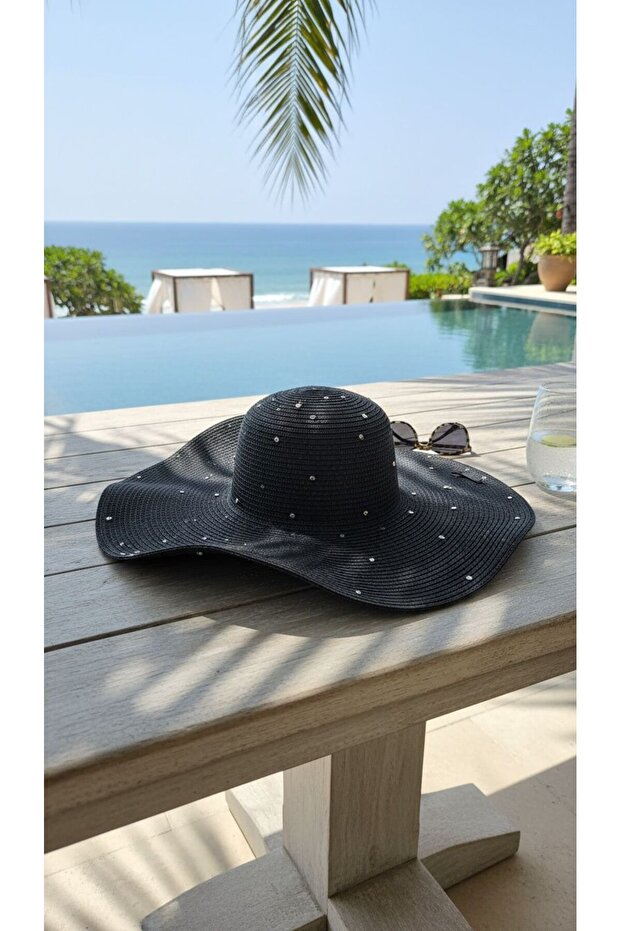 Crystal Noir Straw Hat – Wide Brim Hat with Sparkling Stone Detail