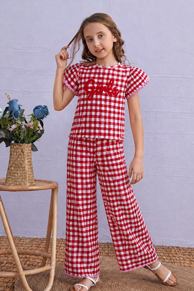 Girls' 100% Cotton Seersucker Fabric Plaid Pattern Short Sleeve Set Relaxed Fit Summer Two-Piece Set