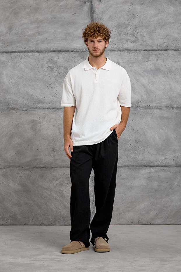 Men's T-Shirt Dp Collar Button Polo White Oversize Knitwear Fabric - 3