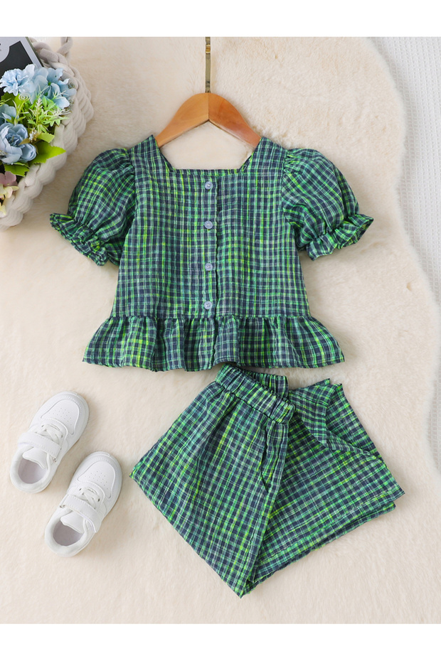 Girls Green Checked Puff Sleeve Ruffle Hem Top and Pants Set