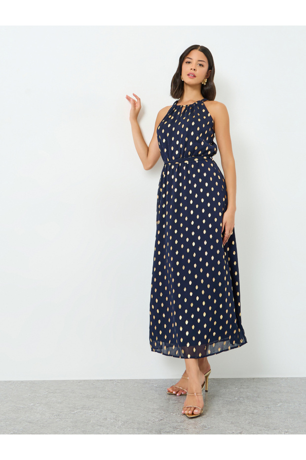 Navy Blue Foil Print Maxi Dress with Tie-Belt