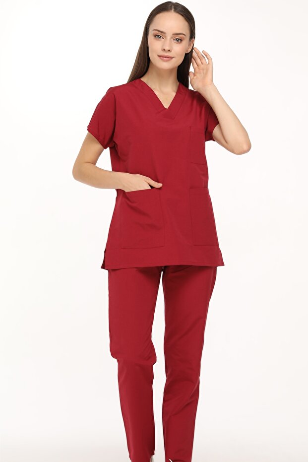 Nova V Yaka Bordo Likrasız İnce Kumaş Kadın Hemşire Doktor Forma Takımı
