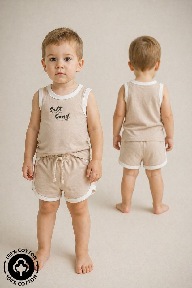 Unisex Salt & Sand Printed 100% Cotton Baby Kids Athlete Shorts Set with Piping Detail
