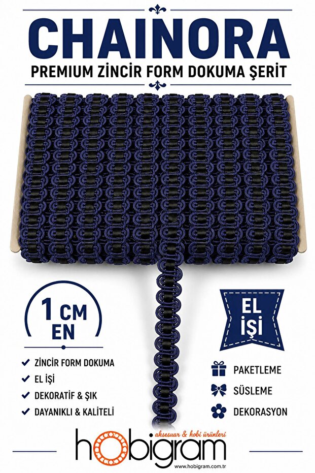 Navy Blue Black Chainora Premium Chain Form Woven Decorative Ribbon – 5 Meters