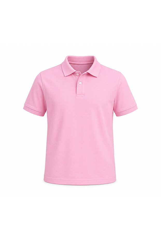Unisex Kids Collared T-Shirt with Buttons Basic Pink 5-14 Years Xs-Xl